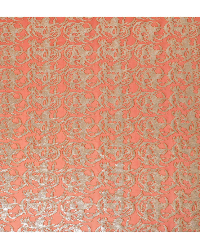 قماش شيفون من الحرير الخالص الفاخر باللون البرتقالي مع لوريكس معدني ذهبي بتصميم تجريدي -D17220