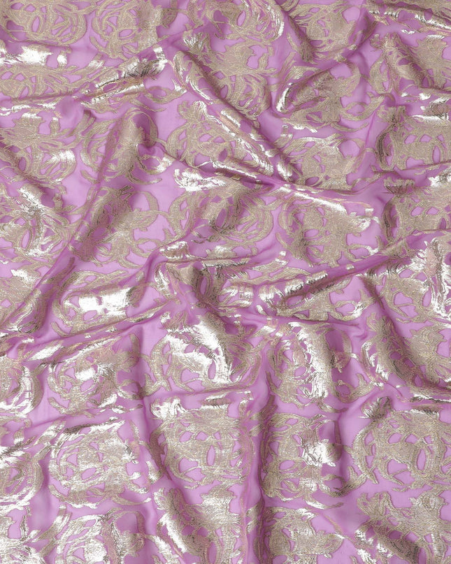 قماش شيفون من الحرير الخالص باللون الأرجواني مع لوريكس معدني ذهبي بتصميم تجريدي -D17221