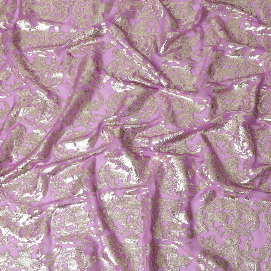 Purple Premium pure silk chiffon fabric with gold metallic lurex in abstract design-D17221