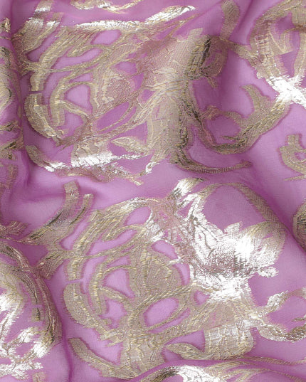 Purple Premium pure silk chiffon fabric with gold metallic lurex in abstract design-D17221