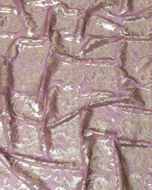 Mauve Premium pure silk chiffon fabric with gold metallic lurex in abstract design-D17222