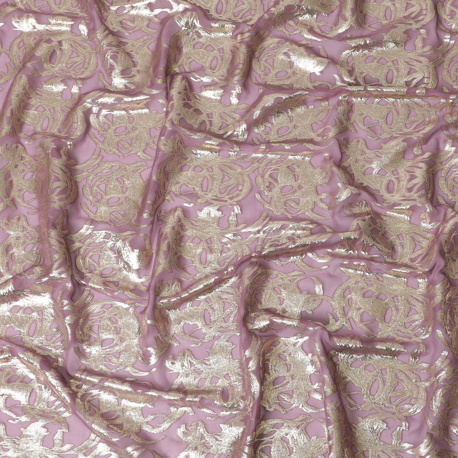 Mauve Premium pure silk chiffon fabric with gold metallic lurex in abstract design-D17222