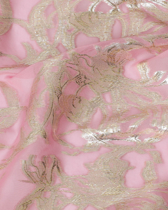 قماش شيفون من الحرير الخالص الفاخر باللون الوردي الفاتح مع لوريكس معدني ذهبي بتصميم تجريدي -D17223