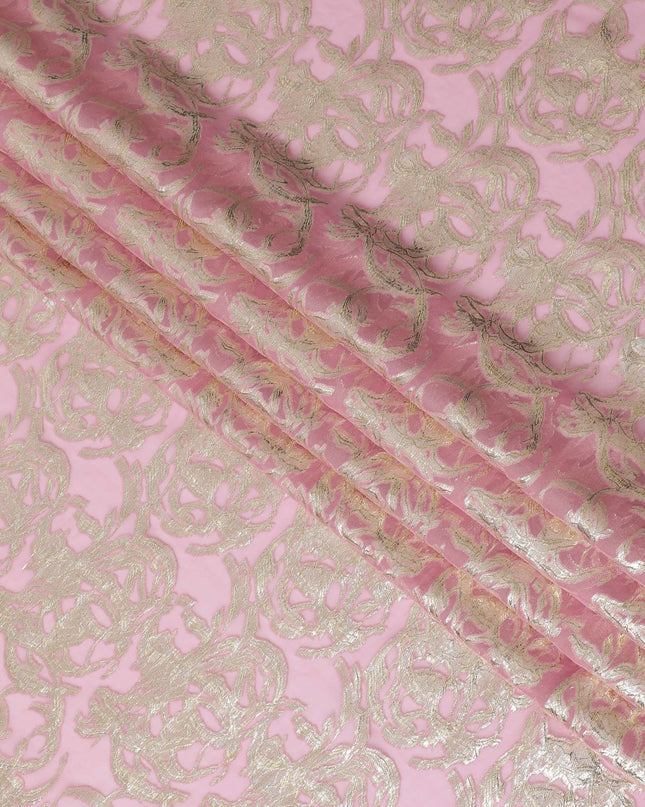 قماش شيفون من الحرير الخالص الفاخر باللون الوردي الفاتح مع لوريكس معدني ذهبي بتصميم تجريدي -D17223