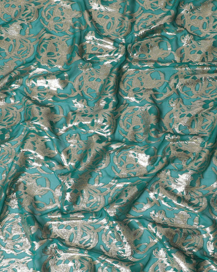 Forest green Premium pure silk chiffon fabric with gold metallic lurex in abstract design-D17224