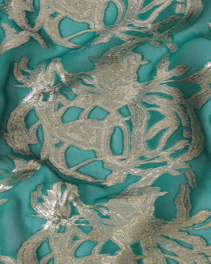 Forest green Premium pure silk chiffon fabric with gold metallic lurex in abstract design-D17224