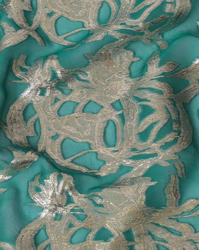 قماش شيفون من الحرير الخالص الفاخر باللون الأخضر الغابة مع لوريكس معدني ذهبي بتصميم تجريدي -D17224