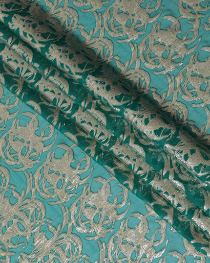 Forest green Premium pure silk chiffon fabric with gold metallic lurex in abstract design-D17224