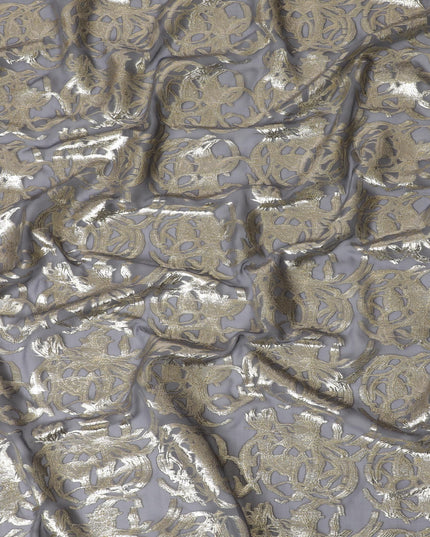 Grey Premium pure silk chiffon fabric with gold metallic lurex in abstract design-D17225