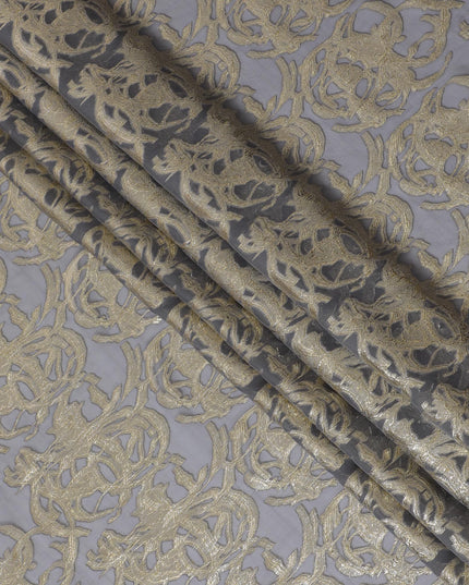 Grey Premium pure silk chiffon fabric with gold metallic lurex in abstract design-D17225