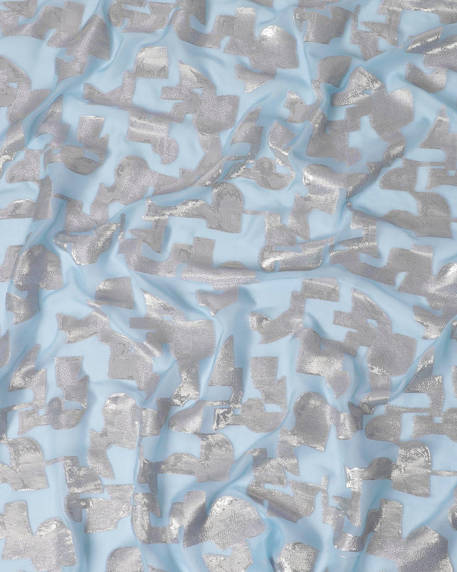 قماش شيفون من الحرير الخالص باللون الأزرق الفاتح مع لوريكس معدني ذهبي بتصميم تجريدي -D17227