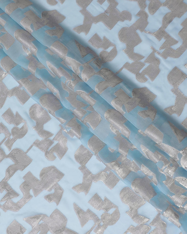 قماش شيفون من الحرير الخالص باللون الأزرق الفاتح مع لوريكس معدني ذهبي بتصميم تجريدي -D17227