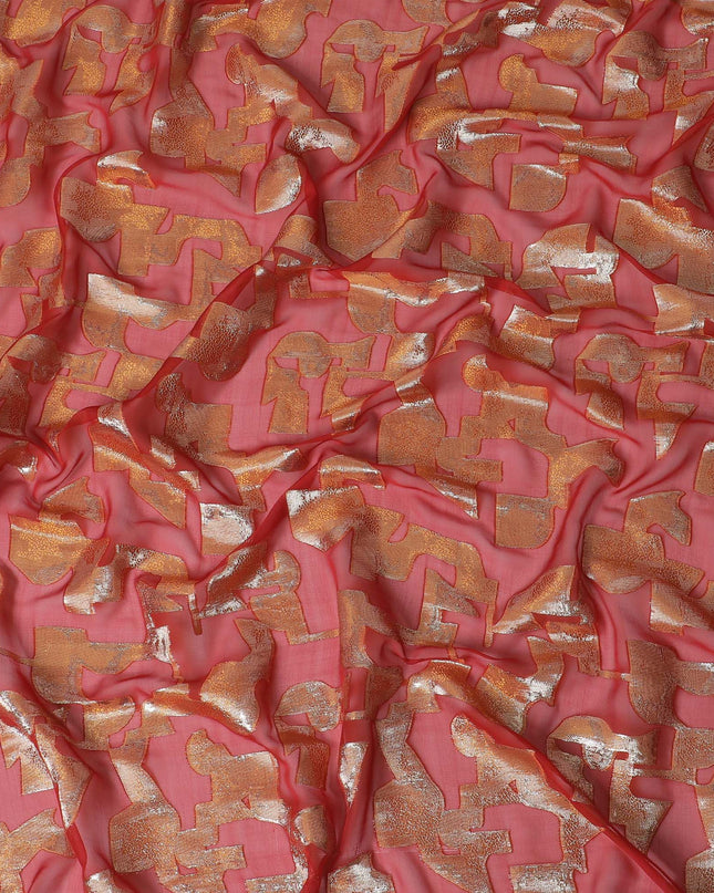 قماش شيفون من الحرير الخالص باللون الأحمر القرمزي مع لوريكس معدني ذهبي بتصميم تجريدي -D17228