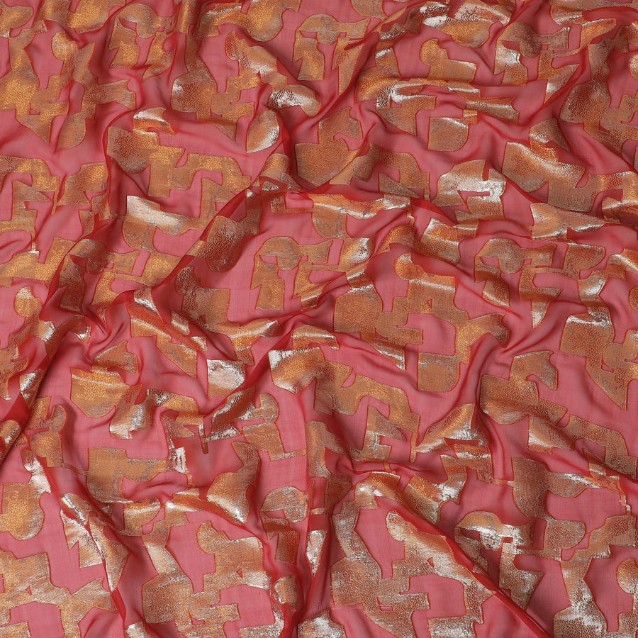 Scarlet red Premium pure silk chiffon fabric with gold metallic lurex in abstract design-D17228