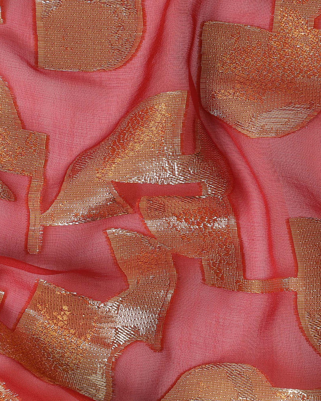 قماش شيفون من الحرير الخالص باللون الأحمر القرمزي مع لوريكس معدني ذهبي بتصميم تجريدي -D17228
