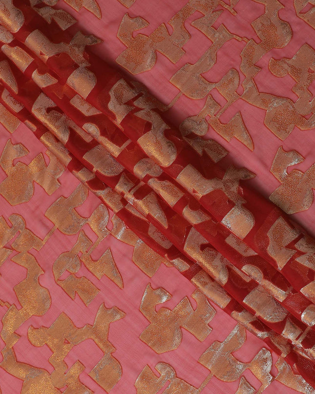 قماش شيفون من الحرير الخالص باللون الأحمر القرمزي مع لوريكس معدني ذهبي بتصميم تجريدي -D17228