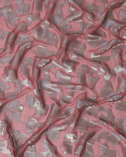 Rose pink Premium pure silk chiffon fabric with gold metallic lurex in abstract design-D17229
