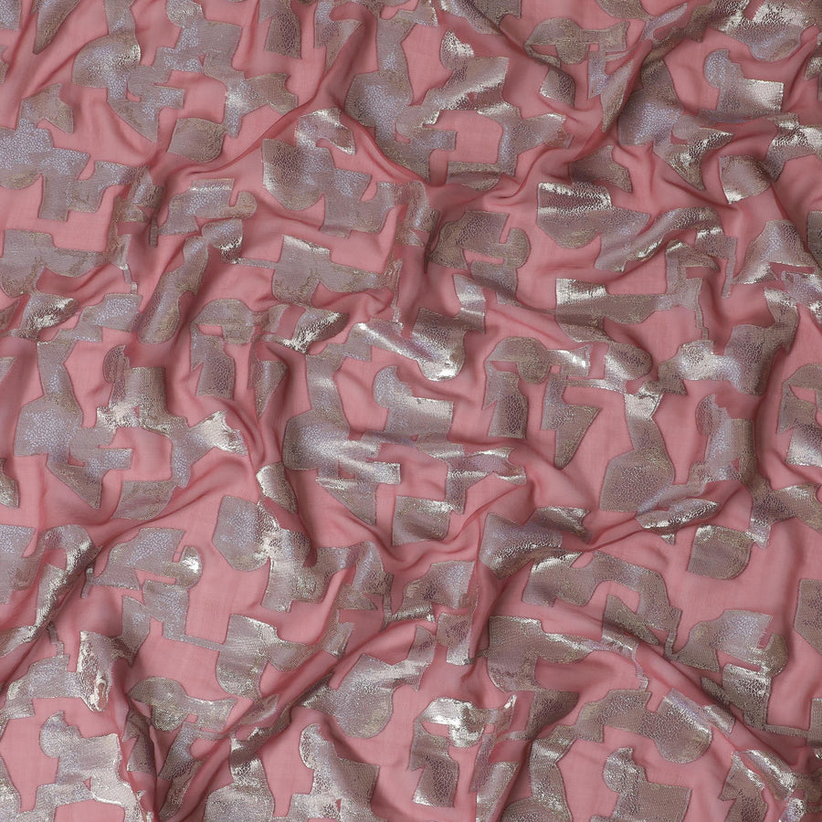 Rose pink Premium pure silk chiffon fabric with gold metallic lurex in abstract design-D17229