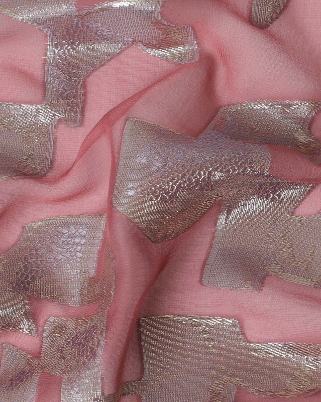 قماش شيفون من الحرير الخالص الفاخر باللون الوردي الوردي مع لوريكس معدني ذهبي بتصميم تجريدي -D17229
