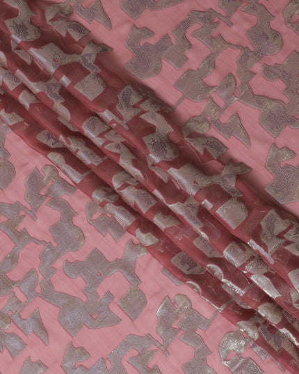 قماش شيفون من الحرير الخالص الفاخر باللون الوردي الوردي مع لوريكس معدني ذهبي بتصميم تجريدي -D17229