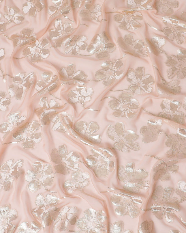 Light Peach Premium pure silk chiffon fabric with same tone viscose having gold and silver metallic lurex in floral design-D17233