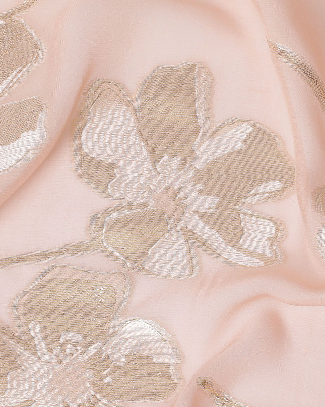 Light Peach Premium pure silk chiffon fabric with same tone viscose having gold and silver metallic lurex in floral design-D17233