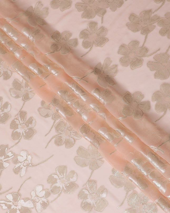 Light Peach Premium pure silk chiffon fabric with same tone viscose having gold and silver metallic lurex in floral design-D17233