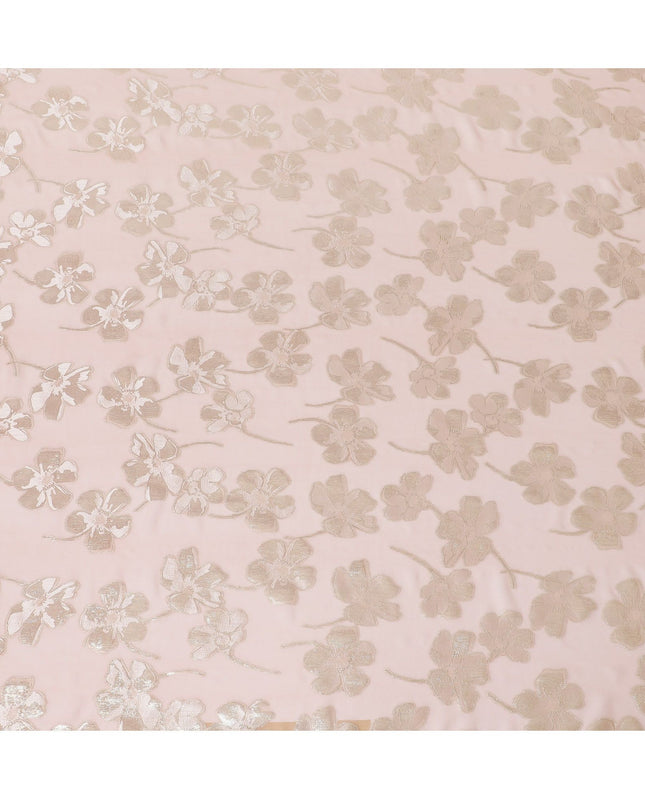 Light Peach Premium pure silk chiffon fabric with same tone viscose having gold and silver metallic lurex in floral design-D17233