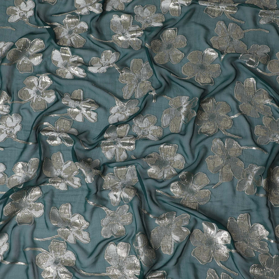 Bottle green Premium pure silk chiffon fabric with same tone viscose having gold and silver metallic lurex in floral design-D17234