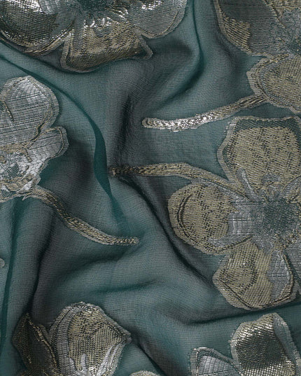 Bottle green Premium pure silk chiffon fabric with same tone viscose having gold and silver metallic lurex in floral design-D17234