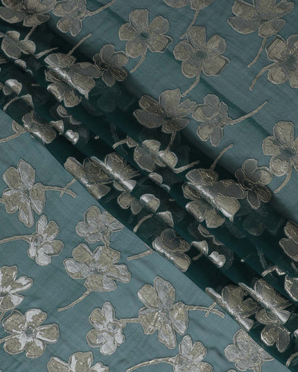 Bottle green Premium pure silk chiffon fabric with same tone viscose having gold and silver metallic lurex in floral design-D17234