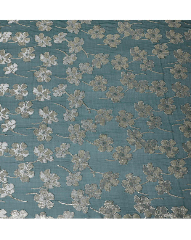 قماش شيفون من الحرير الخالص الفاخر باللون الأخضر مع نفس اللون من الفيسكوز مع لوريكس معدني ذهبي وفضي بتصميم زهور -D17234