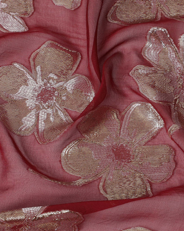 Maroon Premium pure silk chiffon fabric with same tone viscose having gold and silver metallic lurex in floral design-D17236