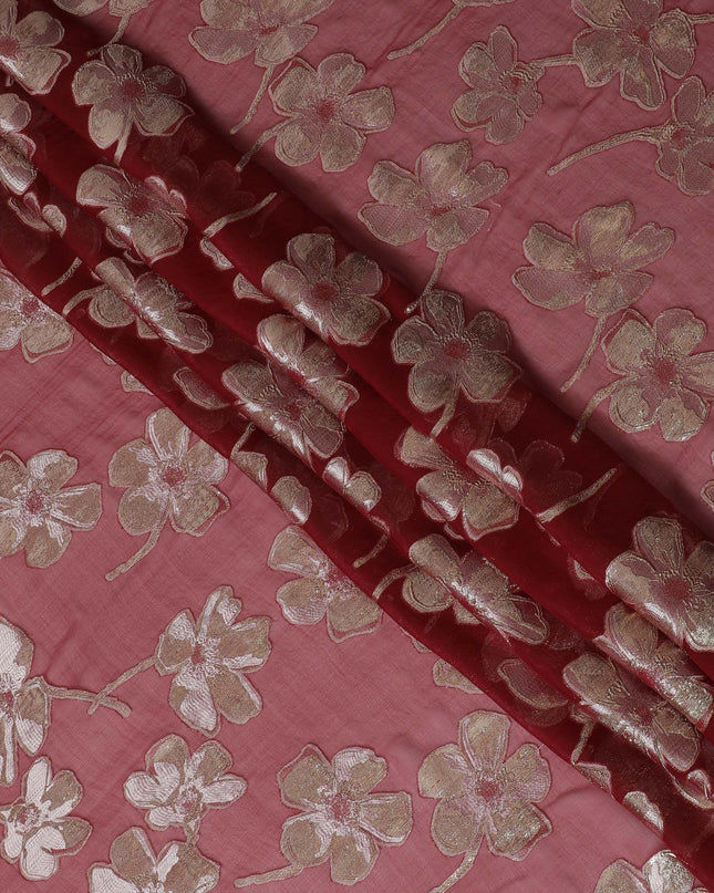 Maroon Premium pure silk chiffon fabric with same tone viscose having gold and silver metallic lurex in floral design-D17236