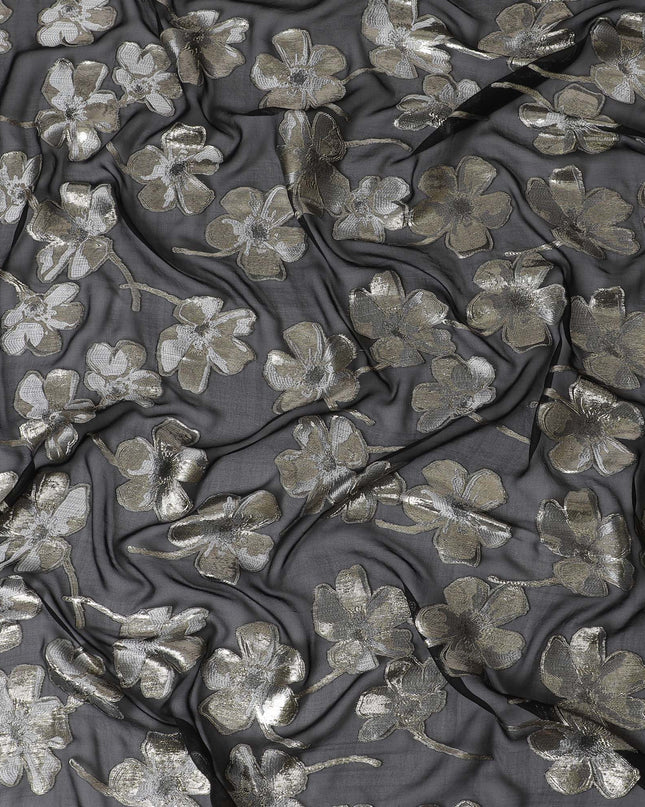 Black Premium pure silk chiffon fabric with same tone viscose having gold and silver metallic lurex in floral design-D17237