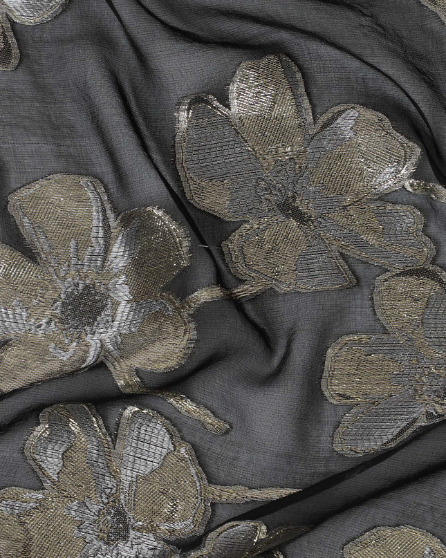 Black Premium pure silk chiffon fabric with same tone viscose having gold and silver metallic lurex in floral design-D17237
