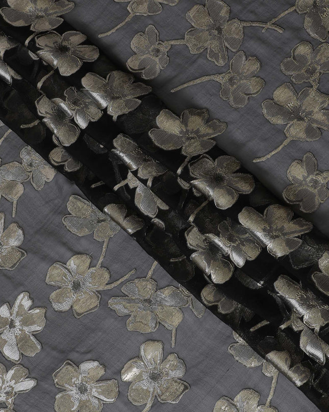 Black Premium pure silk chiffon fabric with same tone viscose having gold and silver metallic lurex in floral design-D17237