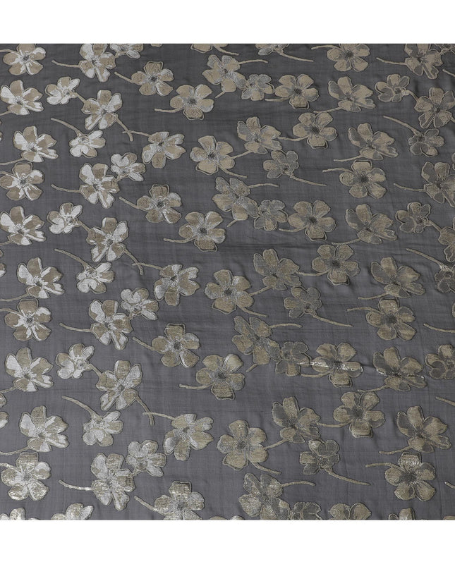 Black Premium pure silk chiffon fabric with same tone viscose having gold and silver metallic lurex in floral design-D17237