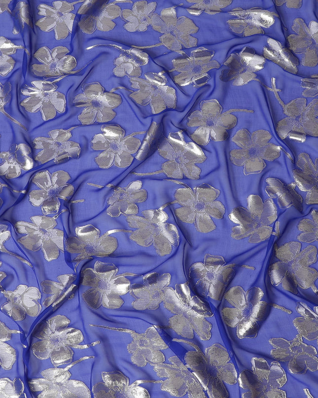 قماش شيفون من الحرير الخالص باللون الأزرق الملكي مع نفس اللون من الفيسكوز مع لوريكس معدني ذهبي وفضي بتصميم زهور -D17238
