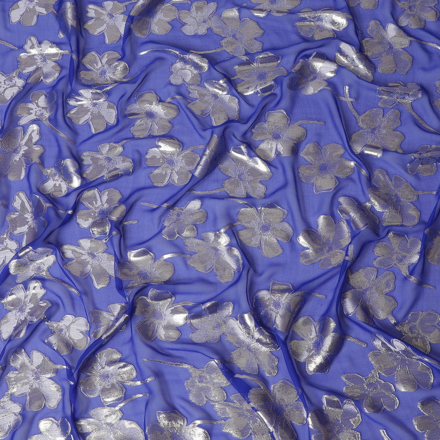 Royal blue Premium pure silk chiffon fabric with same tone viscose having gold and silver metallic lurex in floral design-D17238