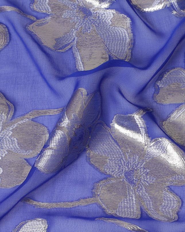 قماش شيفون من الحرير الخالص باللون الأزرق الملكي مع نفس اللون من الفيسكوز مع لوريكس معدني ذهبي وفضي بتصميم زهور -D17238