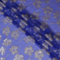 Royal blue Premium pure silk chiffon fabric with same tone viscose having gold and silver metallic lurex in floral design-D17238