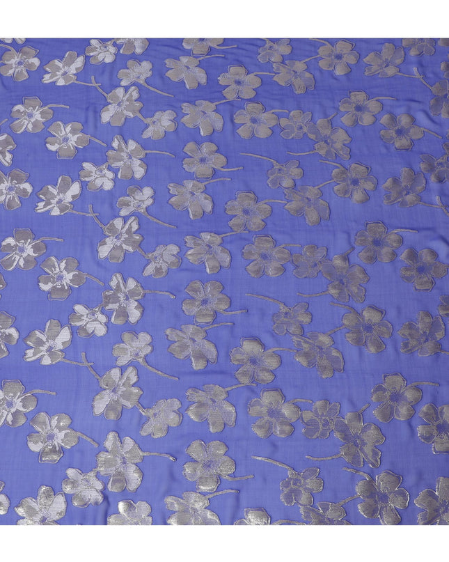 قماش شيفون من الحرير الخالص باللون الأزرق الملكي مع نفس اللون من الفيسكوز مع لوريكس معدني ذهبي وفضي بتصميم زهور -D17238