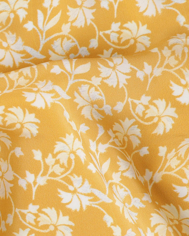 Marigold Bliss Viscose Crepe Fabric - White Floral Print on Sunny Yellow, 110cm Width (India)  - D17641