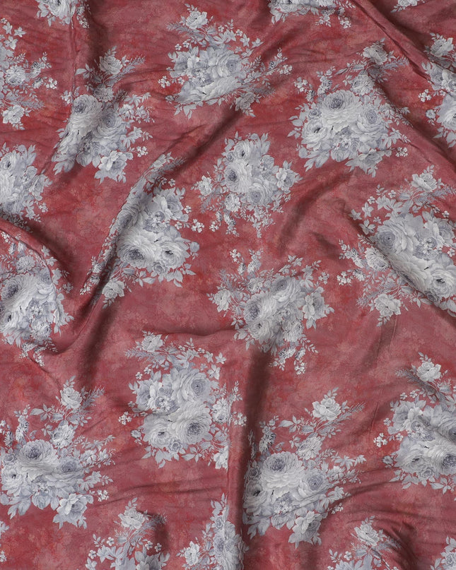 Roseate Grace Viscose Crepe Fabric - Vintage Floral on Rich Rose, 110cm Width (India)  - D17647