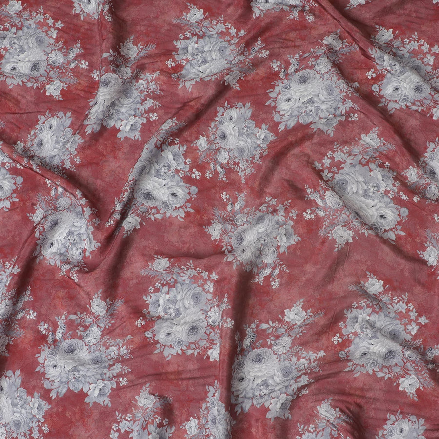 Roseate Grace Viscose Crepe Fabric - Vintage Floral on Rich Rose, 110cm Width (India)  - D17647