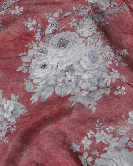 Roseate Grace Viscose Crepe Fabric - Vintage Floral on Rich Rose, 110cm Width (India)  - D17647