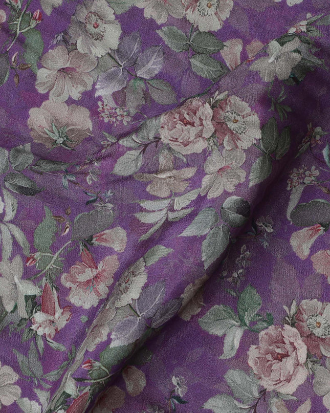 Amethyst Garden Viscose Crepe Fabric - Romantic Floral Print, Luxurious Feel, 110cm Width (India)  - D17649