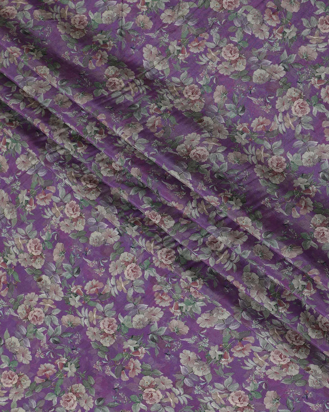 Amethyst Garden Viscose Crepe Fabric - Romantic Floral Print, Luxurious Feel, 110cm Width (India)  - D17649