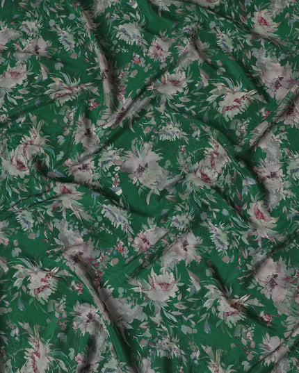 قماش كريب فيسكوز Emerald Flora - طباعة زهور غنية على اللون الأخضر، عرض 110 سم (الهند) - D17653